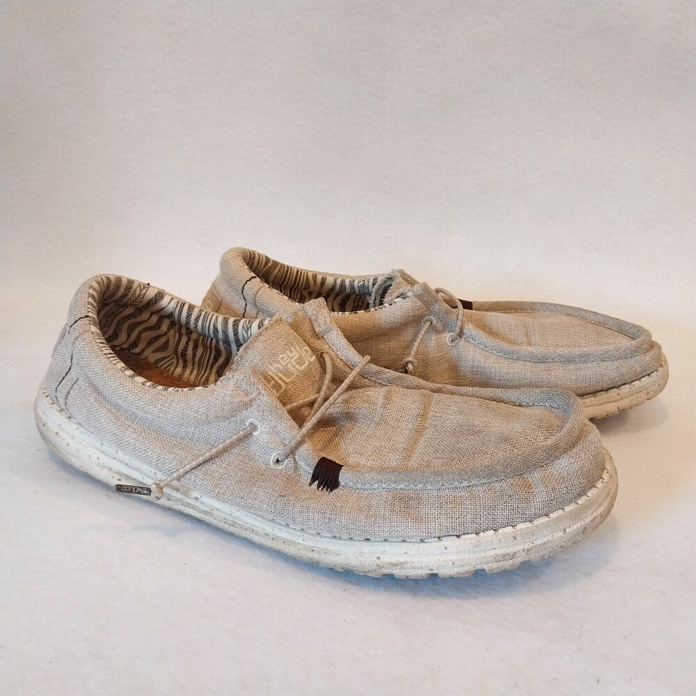 Hey Dude Shoes Mens 10 Linen Beige Wally Eco Slip On Boat Loafer 112470521